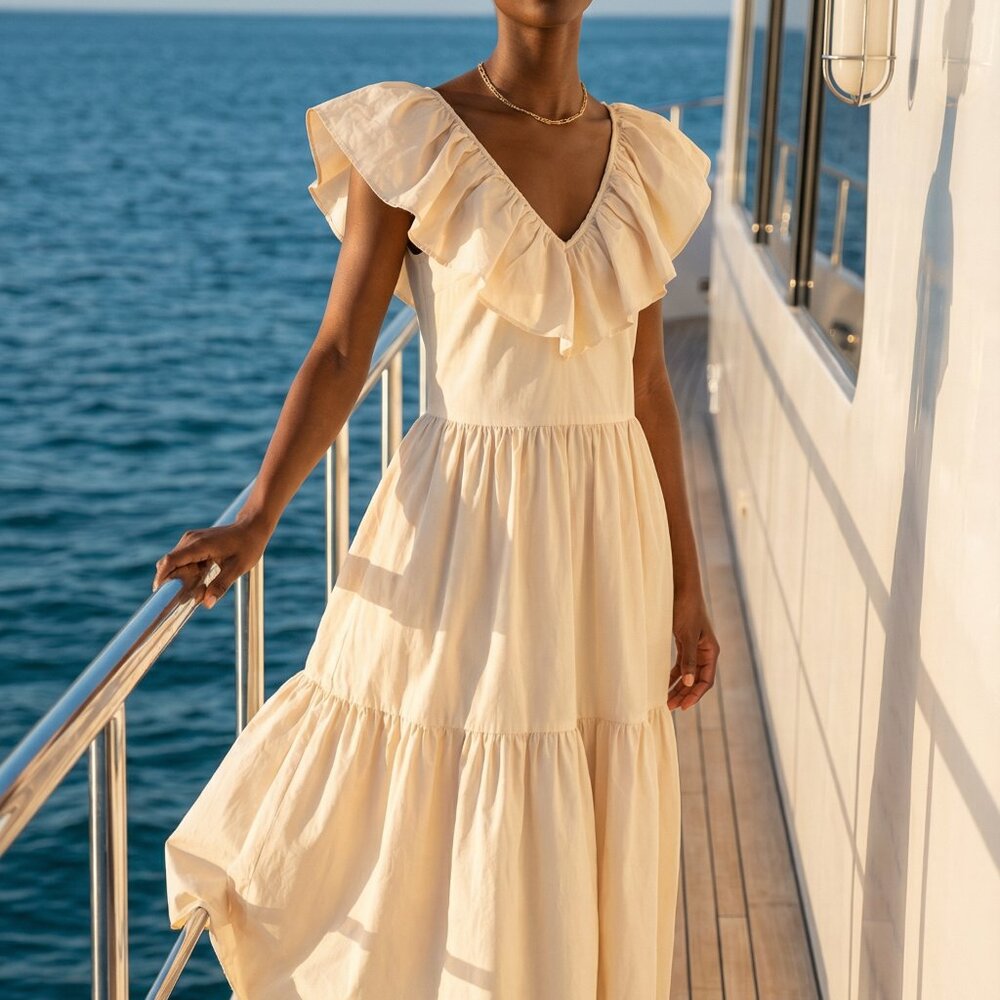 NWT $180 English Factory Cream Maxi Dress with Ruffle Detail XS